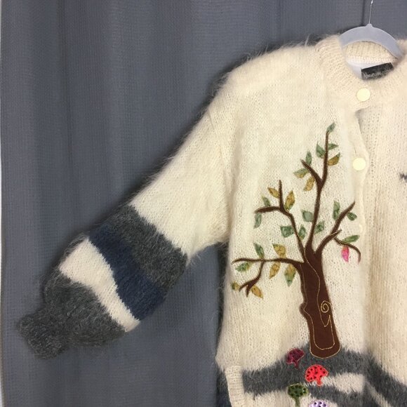 Vintage M L Mohair Wool LINED Handmade Shaggy Cardigan Sweater Mushrooms NORWAY - Picture 8 of 12